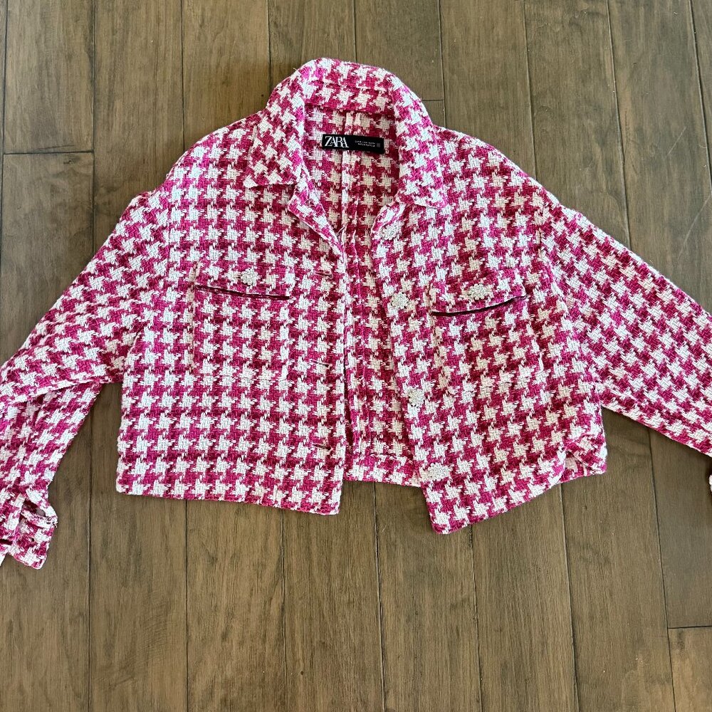 Zara Chic Jacket Womens M Pink White Houndstooth Tweed‎ Cropped Button Front